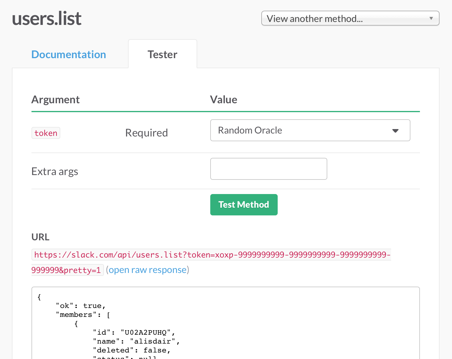 Screenshot of the the Slack API tester
